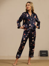 [Floral Marine] SilkSilky-FR Long Sleeve Lapel Collar Femme Pyjamas 003