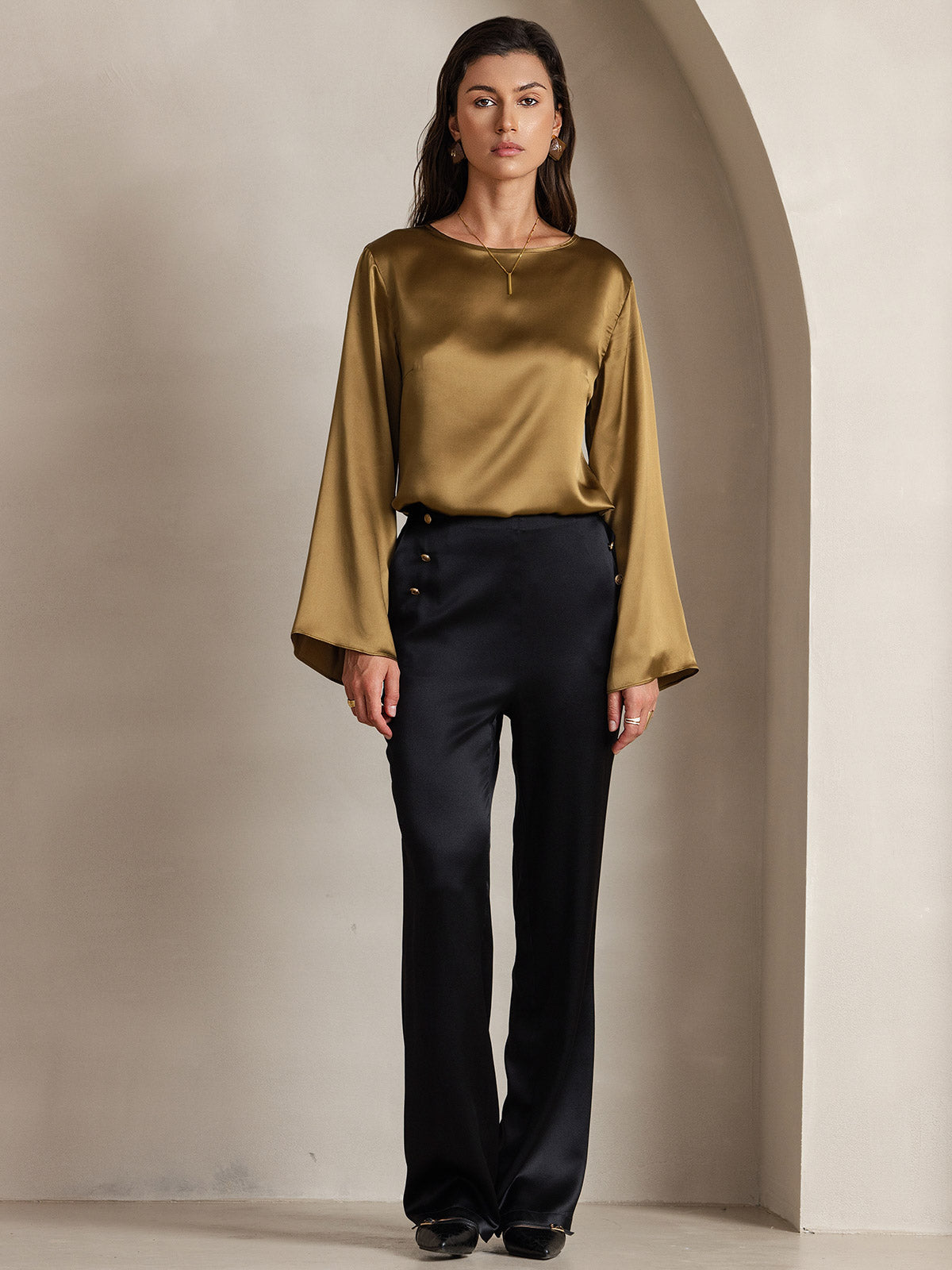 [Brun] SilkSilky-FR 19Momme Manches longues Col Bateau Blouse 004