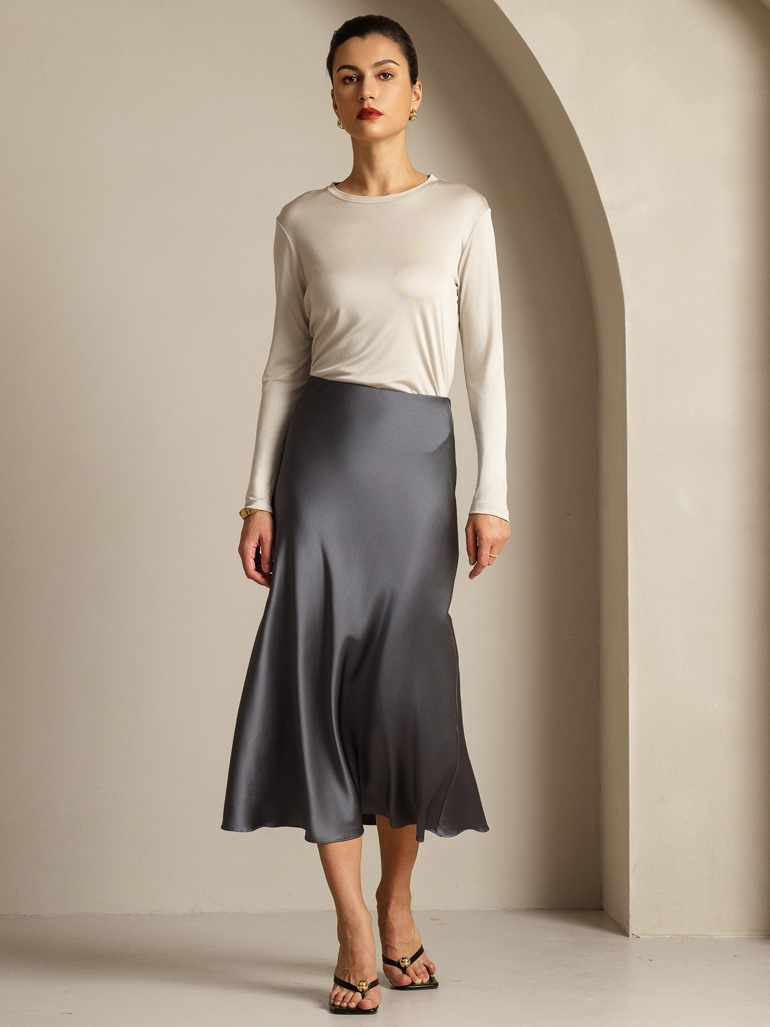 [Gris] SilkSilky-FR Soie Womens T-Shirt 015,