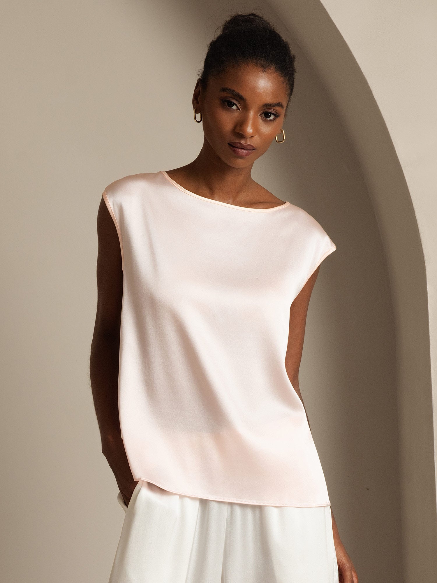 [Rose] SilkSilky-FR 19Momme Soie Col Rond Femme T-Shirt 001,