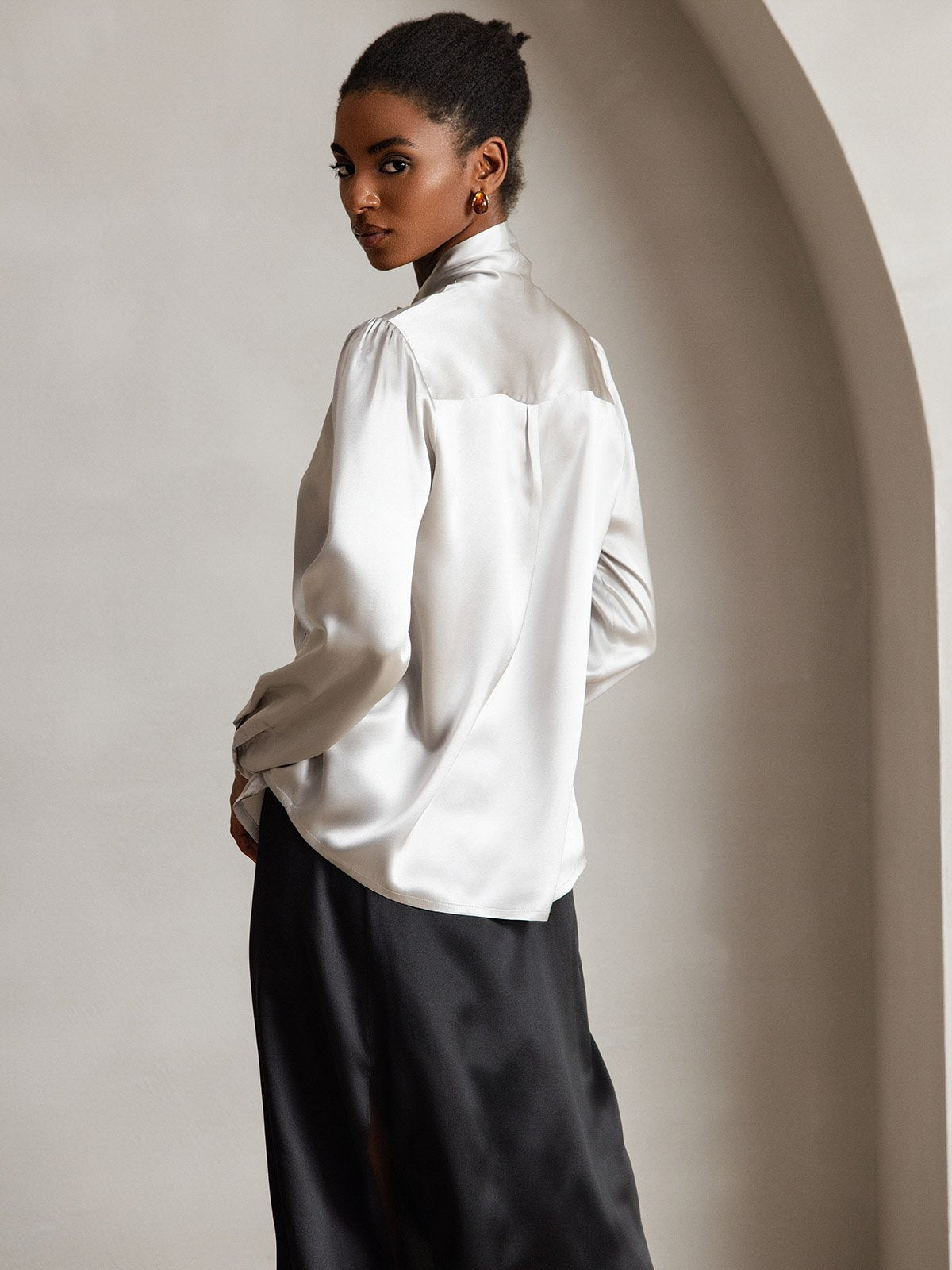 [Gris Clair] SilkSilky-FR 19Momme Manches longues À Nouer Blouse 002