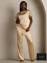[Champagne] SilkSilky-FR Short Sleeve Boat Neck Femme T-Shirt 005