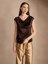 [Chocolat Noir] SilkSilky-FR Cap Sleeve Cowl Neck Femme T-Shirt 001