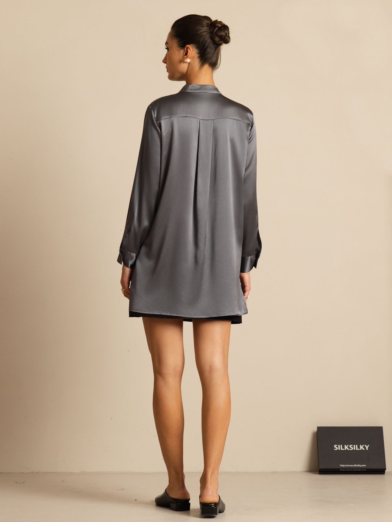 [Gris Foncé] SilkSilky-FR 19Momme Soie Manches longues Col Montant Blouse 002