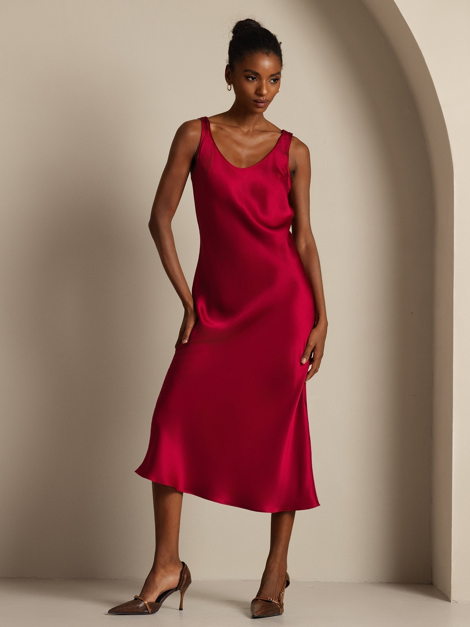[Rouge Vineux] SilkSilky-FR Pure Soie Col Bateau Robes 004,