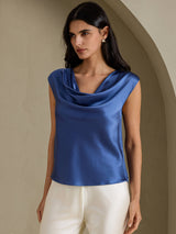 [Bleu Canard Véritable] SilkSilky-FR Cap Sleeve Cowl Neck Femme T-Shirt 005