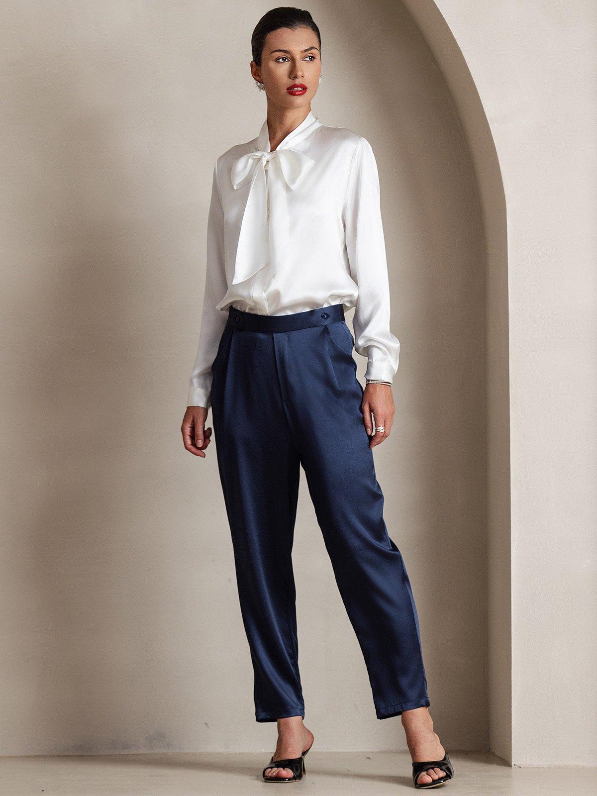 [Blanc] SilkSilky-FR 19Momme Manches longues À Nouer Blouse 008