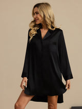 [Noir] SilkSilky-FR Long Sleeve Lapel Collar Chemise pour dormir 005