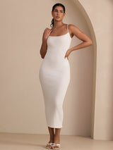 [Blanc] SilkSilky-FR Spaghetti Strap Square Neck Robes 008