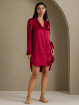 [Rouge Vineux] SilkSilky-FR Long Sleeve Lapel Collar Chemise pour dormir 006