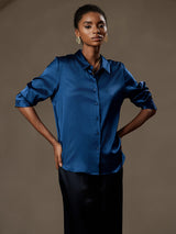 [Bleu Royal] SilkSilky-FR Long Sleeve Lapel Collar Femme Chemise 004