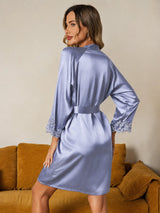 [Bleu Acier] SilkSilky-FR 3/4 Sleeve Femme Peignoir 002