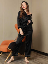 [Noir] SilkSilky-FR Long Sleeve Lapel Collar Femme Pyjamas 006
