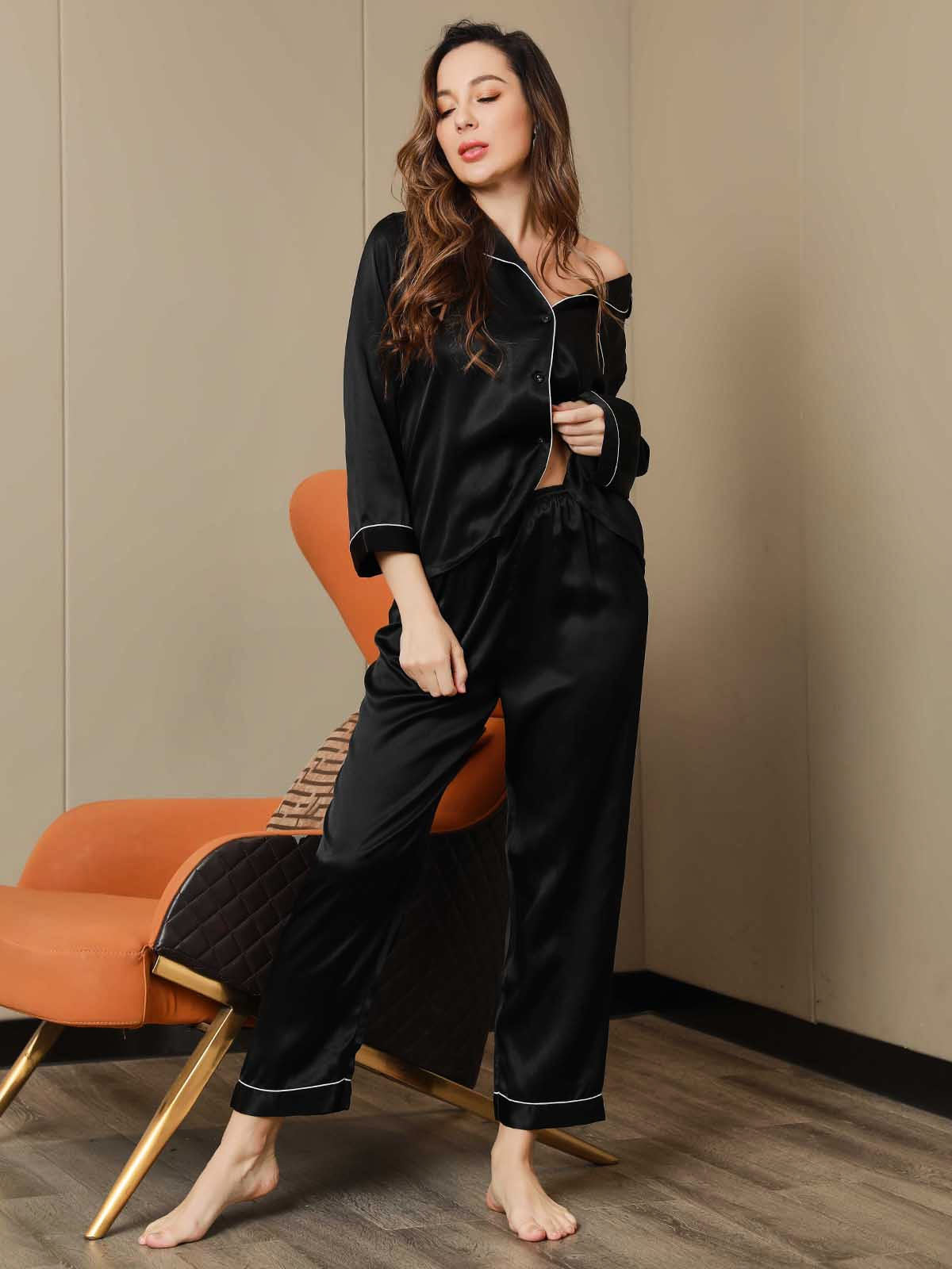[Noir] SilkSilky-FR Manches longues Col Cranté Femme Pyjamas 006