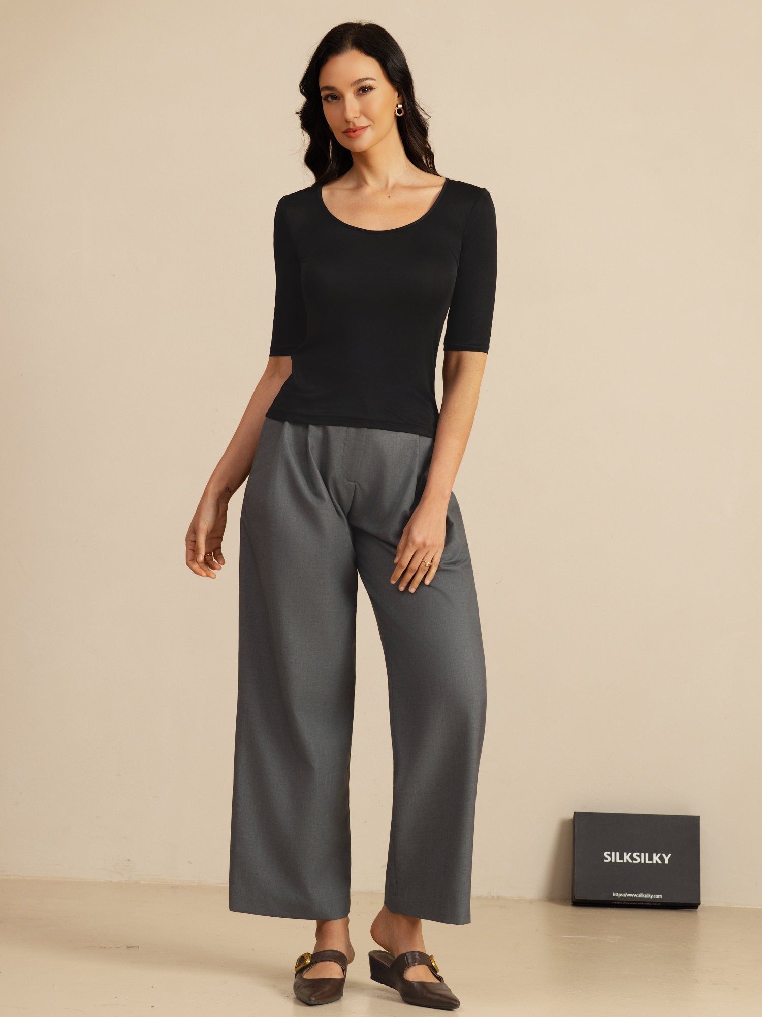 [Noir] SilkSilky-FR Manches mi-longues Encolure Dégagée Femme T-Shirt 007