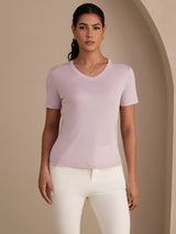 [Lavande] SilkSilky-FR Short Sleeve V Neck Femme T-Shirt 001