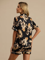 [Dragon Noir] SilkSilky-FR Short Sleeve Lapel Collar Femme Pyjamas 002