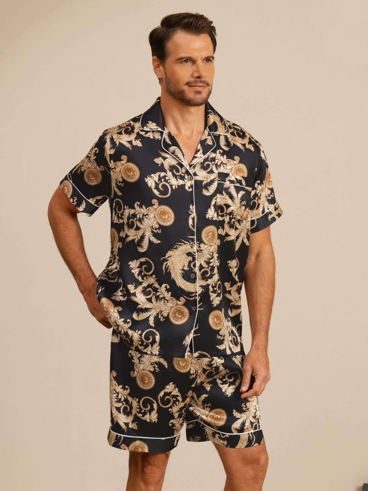 [Dragon Noir] SilkSilky-FR Manches courtes Col Cranté Homme Pyjamas 001
