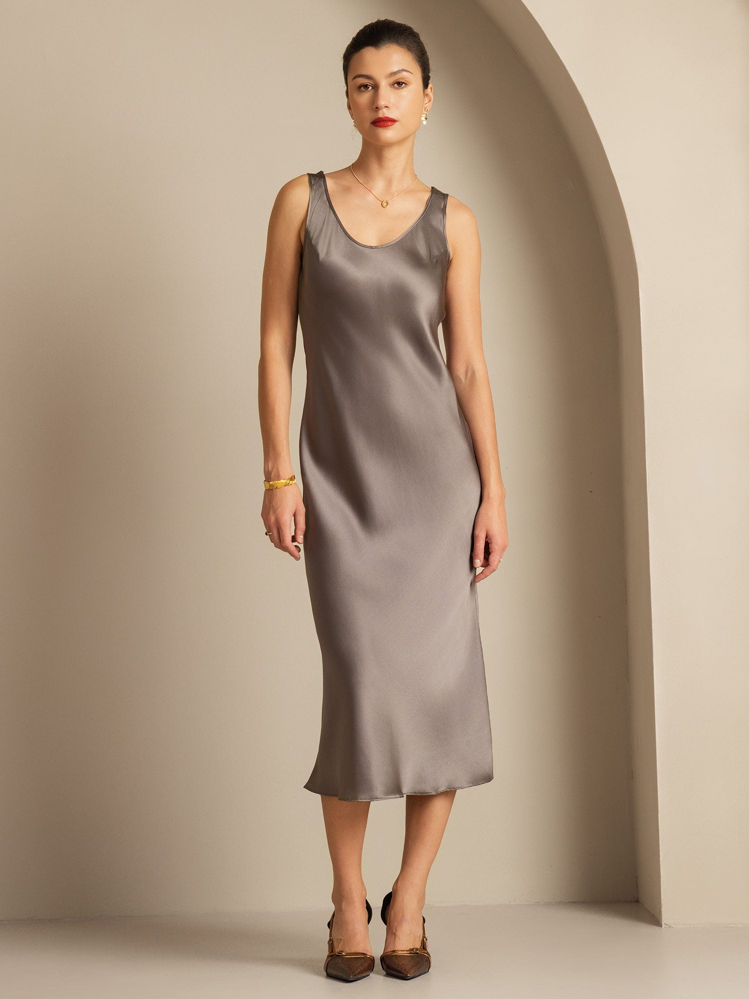 [Kaki Foncé] SilkSilky-FR Pure Soie Col Bateau Robes 001,