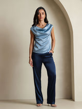 [Bleu Grisâtre] SilkSilky-FR Cap Sleeve Cowl Neck Femme T-Shirt 005