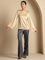 [Champagne] SilkSilky-FR Long Sleeve Boat Neck Blouse 008