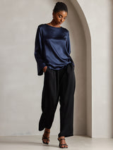 [Bleu Foncé] SilkSilky-FR Long Sleeve Boat Neck Blouse 004