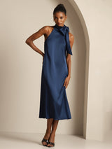 [Bleu Foncé] SilkSilky-FR Sleeveless Tie Neck Robes 008