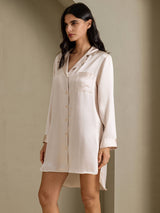 [Beige] SilkSilky-FR Long Sleeve Lapel Collar Chemise pour dormir 001
