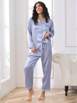 [Bleu Acier] SilkSilky-FR Long Sleeve Lapel Collar Femme Pyjamas 001