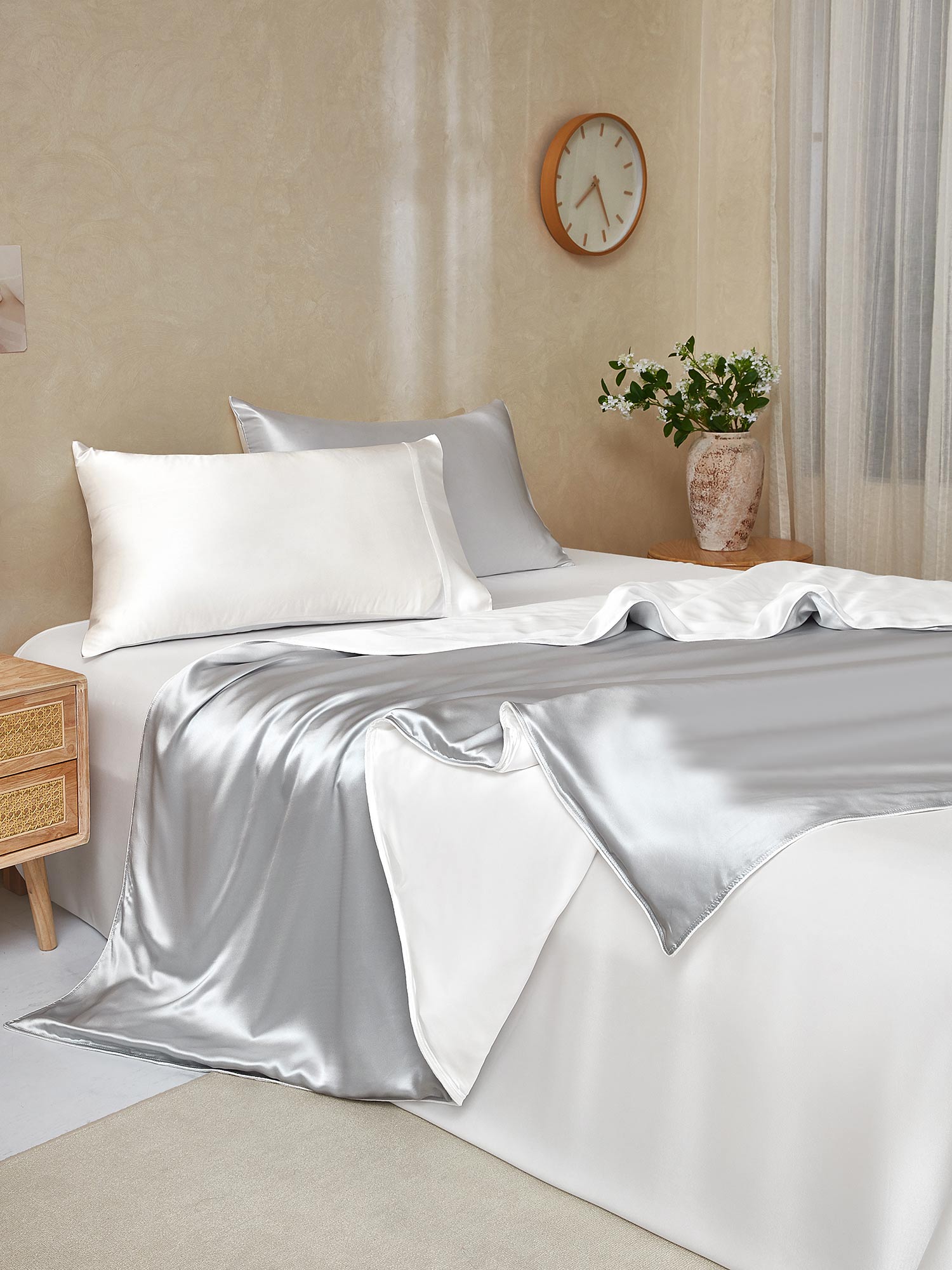 [GrisClair+Blanc] SilkSilky-FR 25Momme Pure Soie Bedding Set 001,