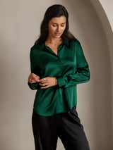 [Vert Foncé] SilkSilky-FR Long Sleeve Lapel Collar Femme Chemise 004