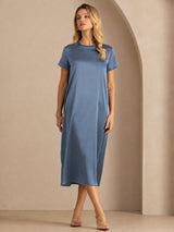 [Bleu Canard Véritable] SilkSilky-FR Short Sleeve Crew Neck Robes 003