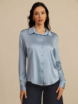 [Bleu Grisâtre] SilkSilky-FR Long Sleeve Lapel Collar Femme Chemise 003