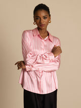 [Rayure Rose] SilkSilky-FR Long Sleeve Lapel Collar Femme Chemise 005