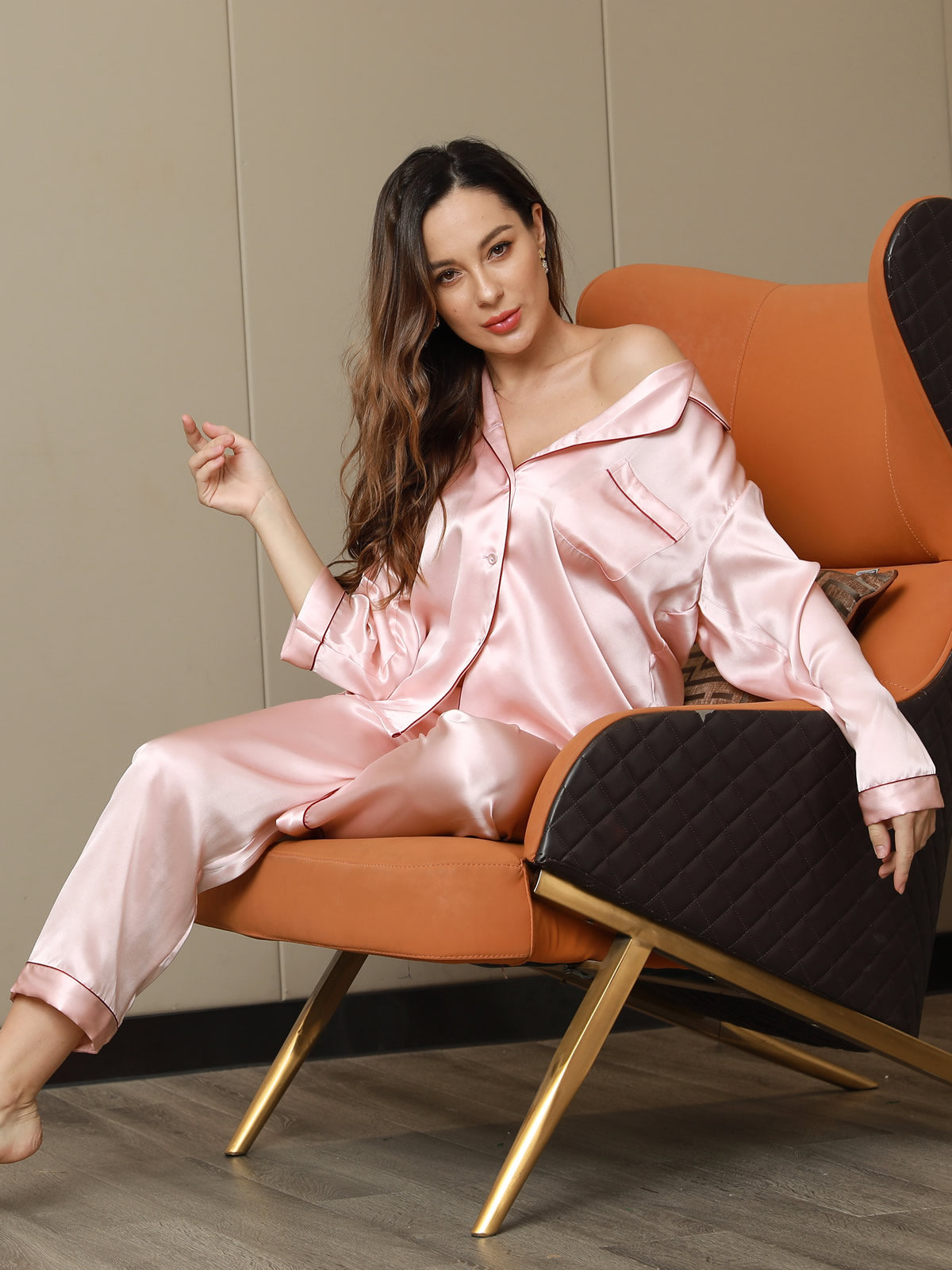 [Rose] SilkSilky-FR Manches longues Col Cranté Femme Pyjamas 001