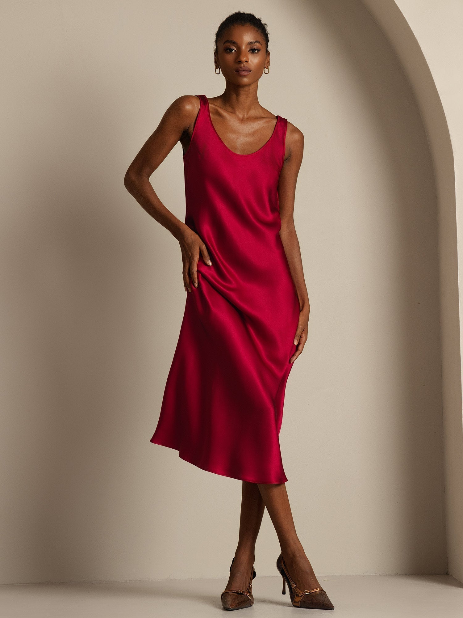 [Rouge Vineux] SilkSilky-FR Pure Soie Col Bateau Robes 006,