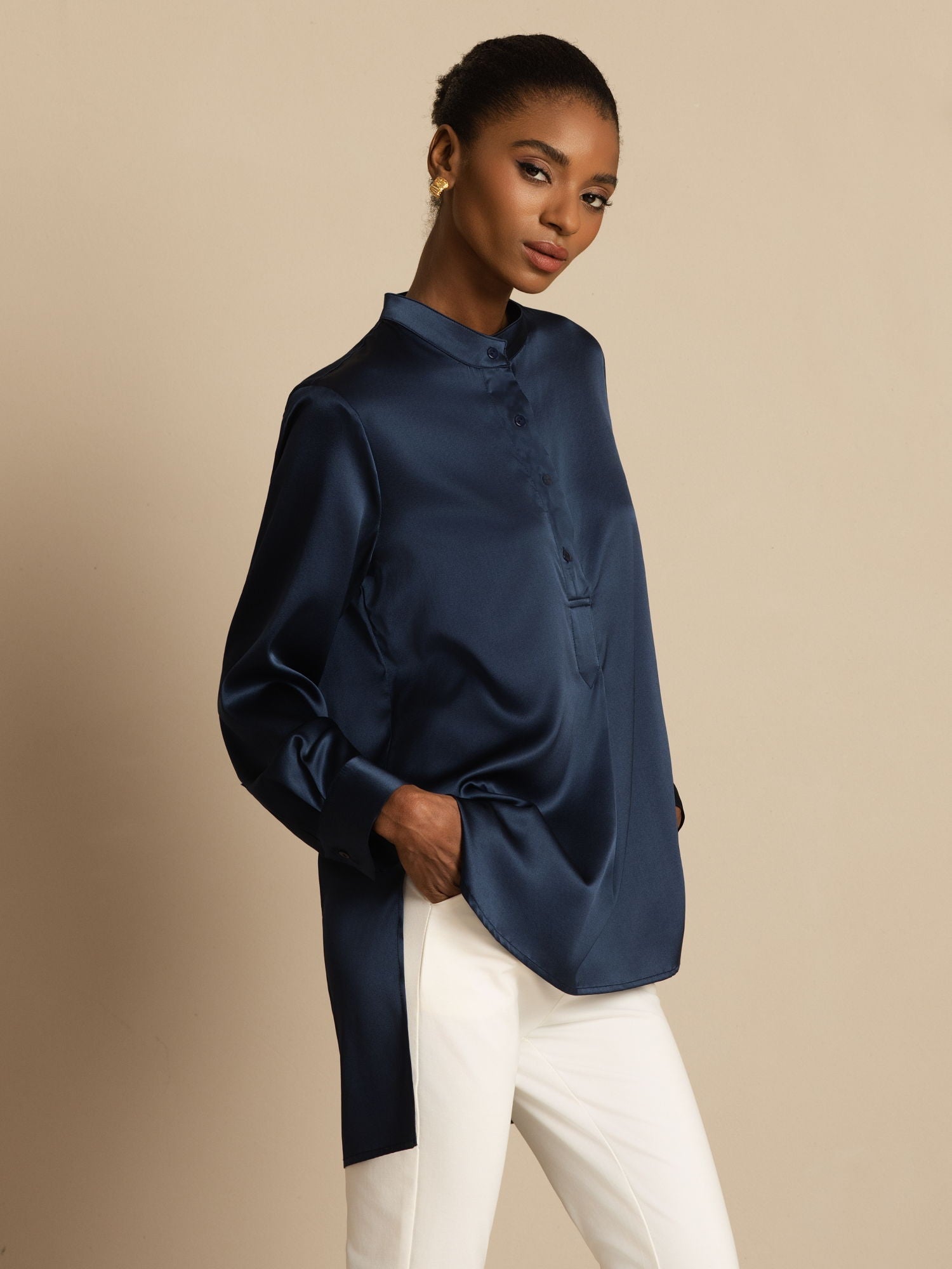 [Bleu Foncé] SilkSilky-FR 19Momme Soie Manches longues Col Montant Blouse 005