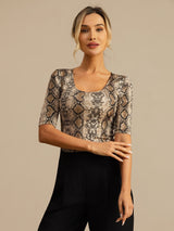 [Snakeskin] SilkSilky-FR Manches mi-longues Encolure Dégagée Femme T-Shirt 005