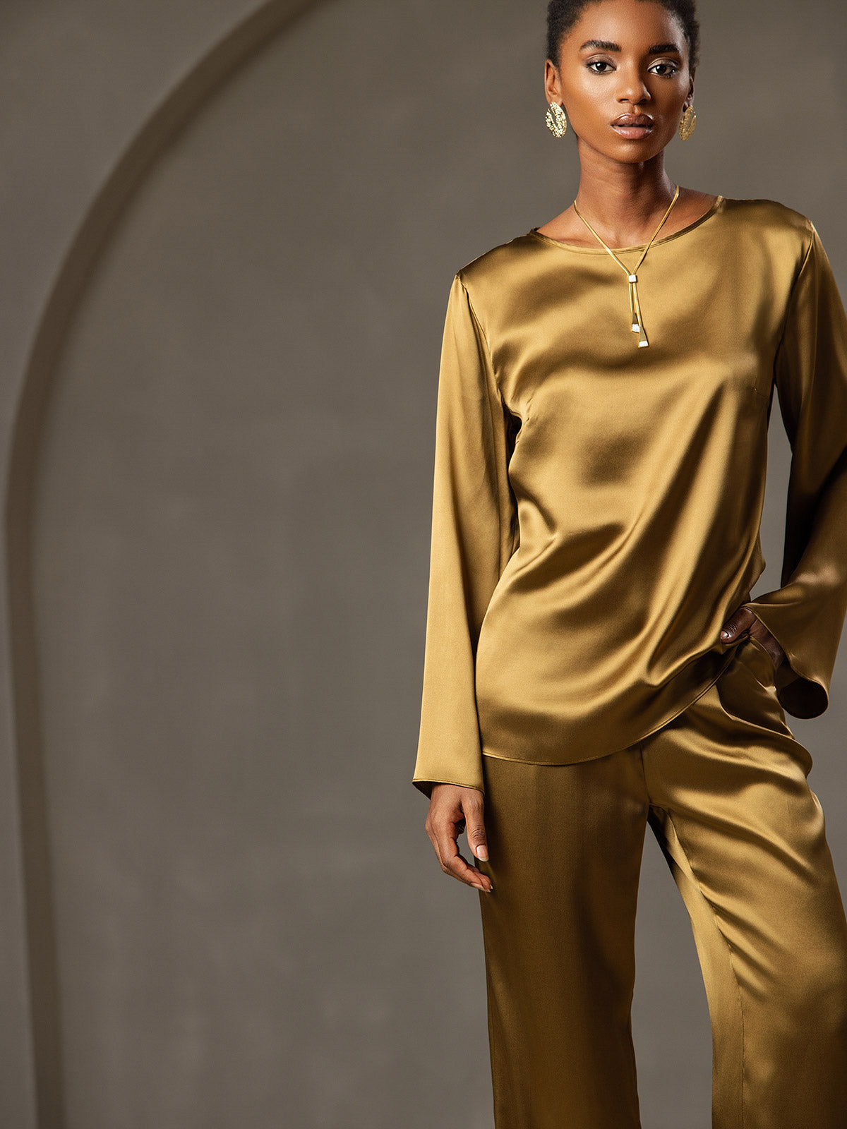 [Brun] SilkSilky-FR 19Momme Manches longues Col Bateau Blouse 005