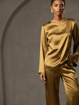 [Brun] SilkSilky-FR Long Sleeve Boat Neck Blouse 005