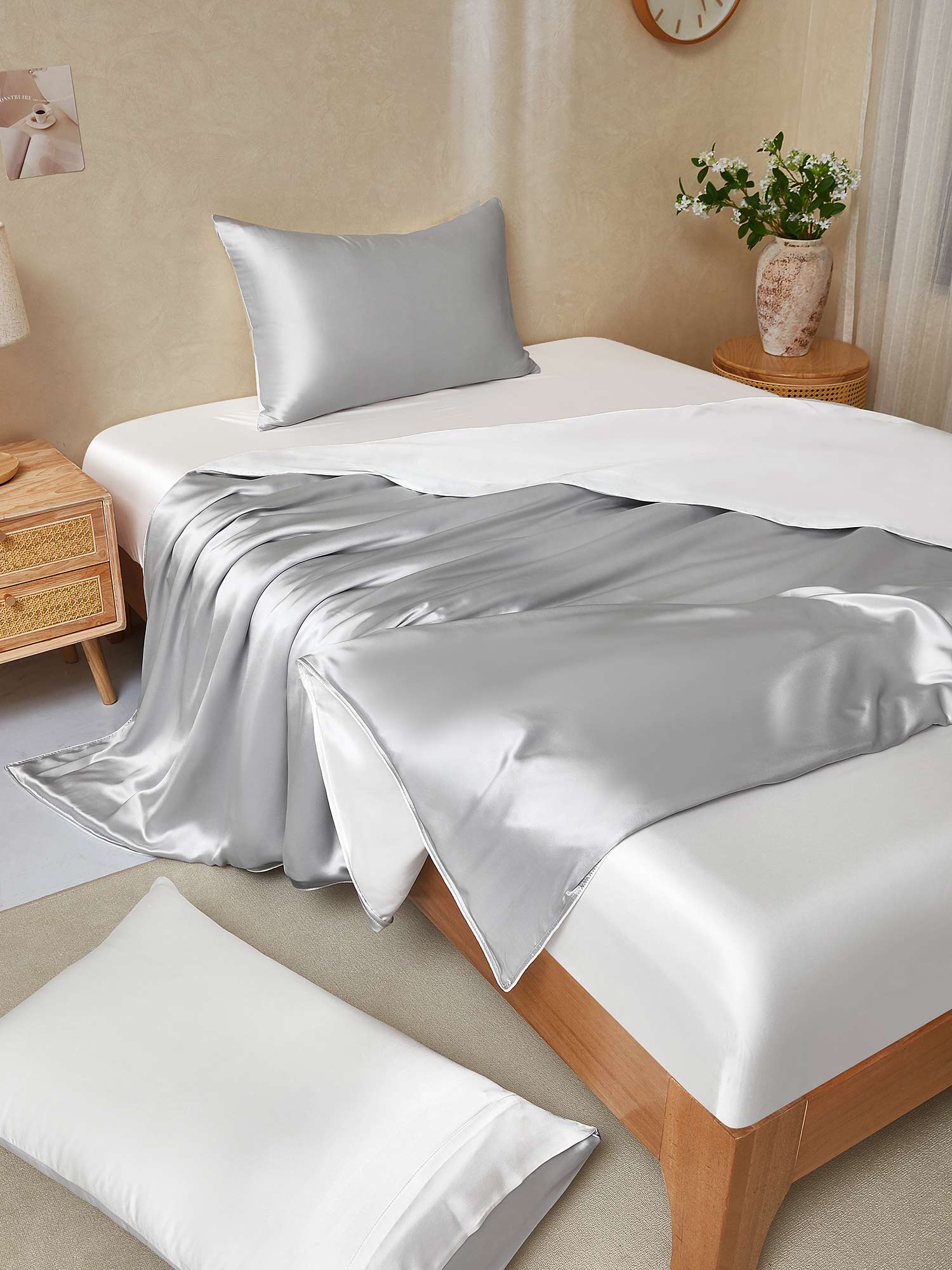 [GrisClair+Blanc] SilkSilky-FR 25Momme Pure Soie Bedding Set 001,