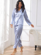 [Bleu Acier] SilkSilky-FR Long Sleeve Lapel Collar Femme Pyjamas 004