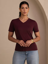 [Rouge Vineux] SilkSilky-FR Short Sleeve V Neck Femme T-Shirt 004