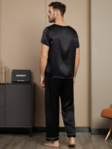 [Noir] SilkSilky-FR Pure Soie Manches courtes Col Rond Homme Pyjamas 002