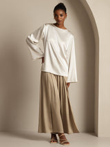 [Blanc] SilkSilky-FR Long Sleeve Boat Neck Blouse 006