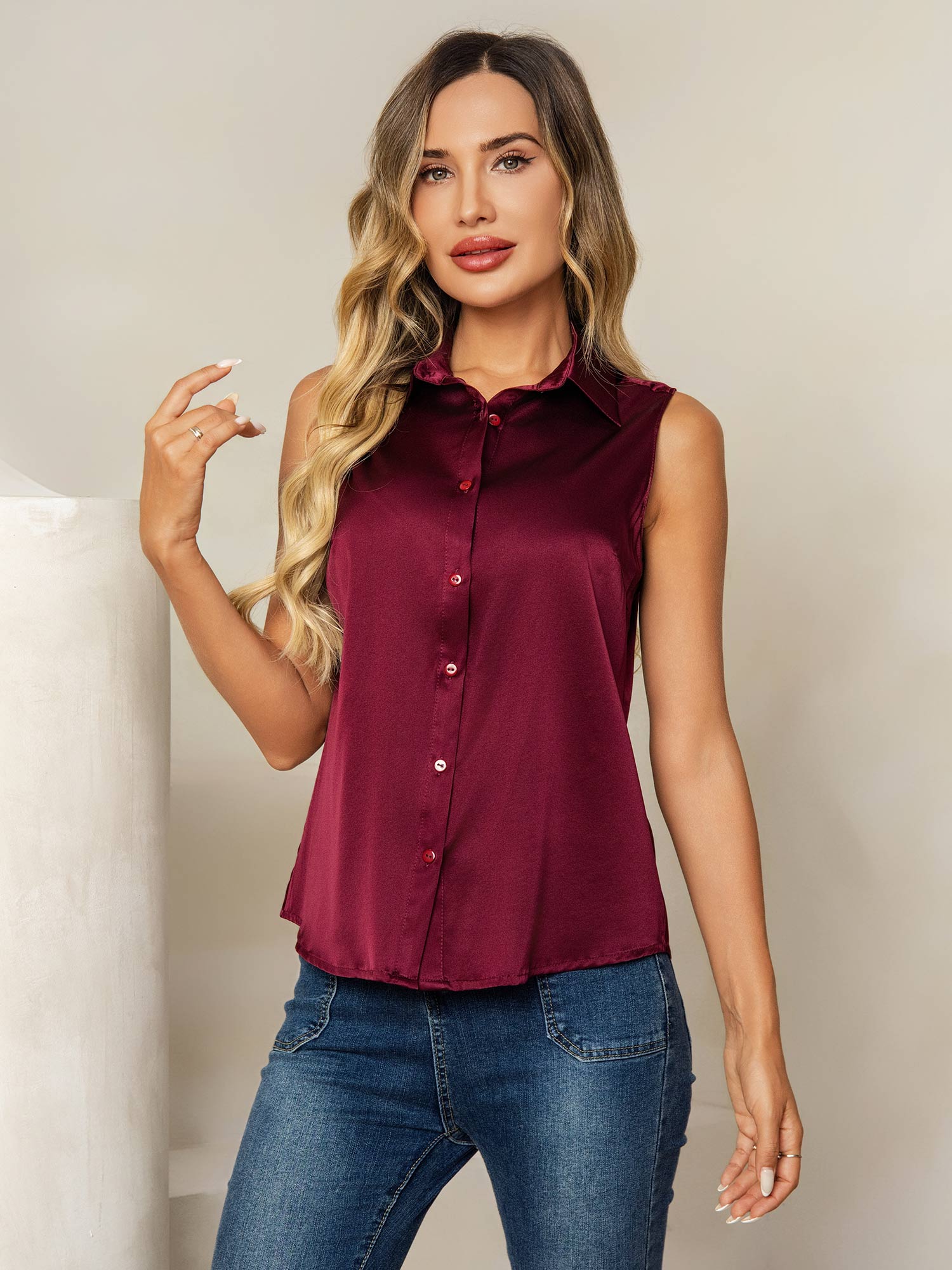 [Rouge Foncé] SilkSilky-FR 19Momme Soie Col Chemise Femme Chemise 001
