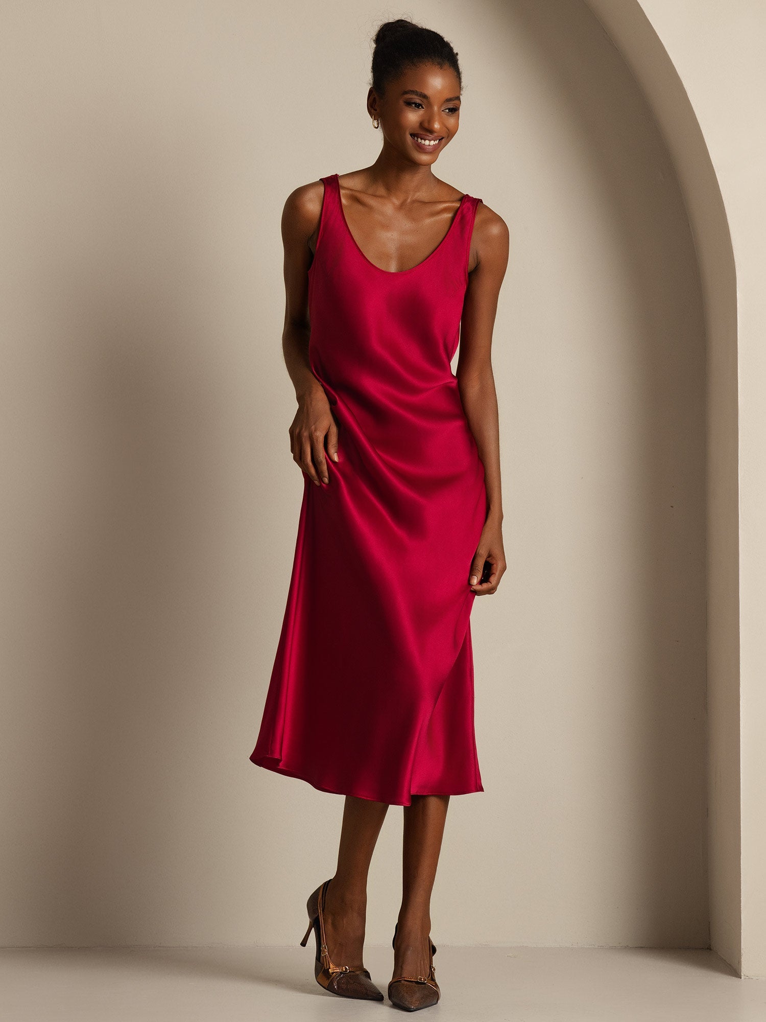 [Rouge Vineux] SilkSilky-FR Pure Soie Col Bateau Robes 003,