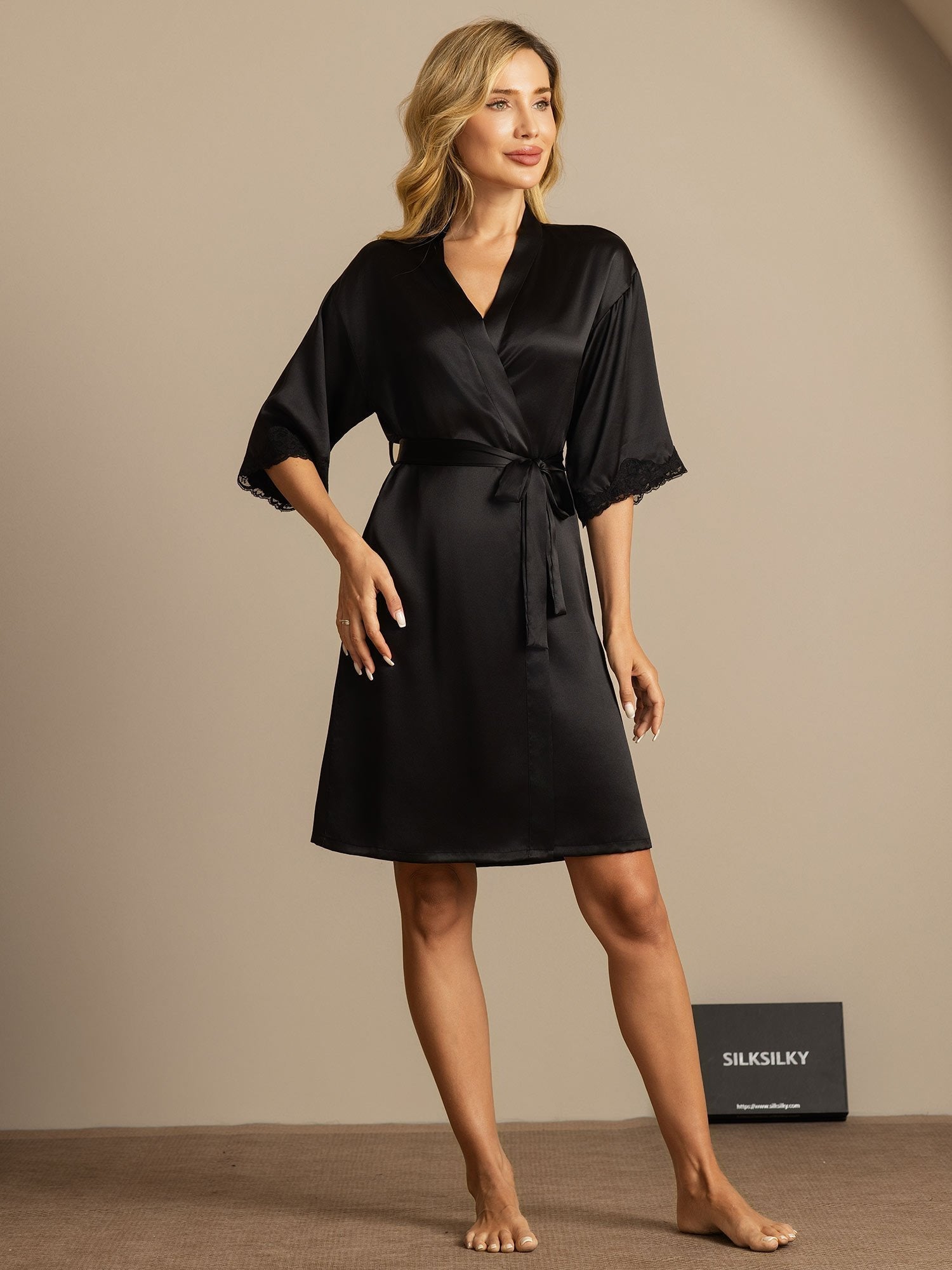 [Noir] SilkSilky-FR Soie Womens Robe 006