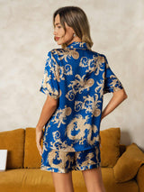 [Dragon Navy] SilkSilky-FR Short Sleeve Lapel Collar Femme Pyjamas 002