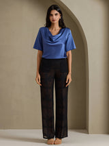[Bleu Canard Véritable] SilkSilky-FR Short Sleeve Cowl Neck Blouse 007